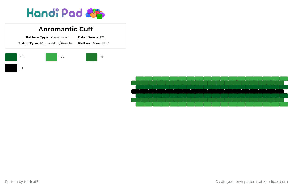 Anromantic Cuff - Pony Bead Pattern by turtlcat9 on Kandi Pad - green,anromantic,anro,aro,pride,cuff,horizontal