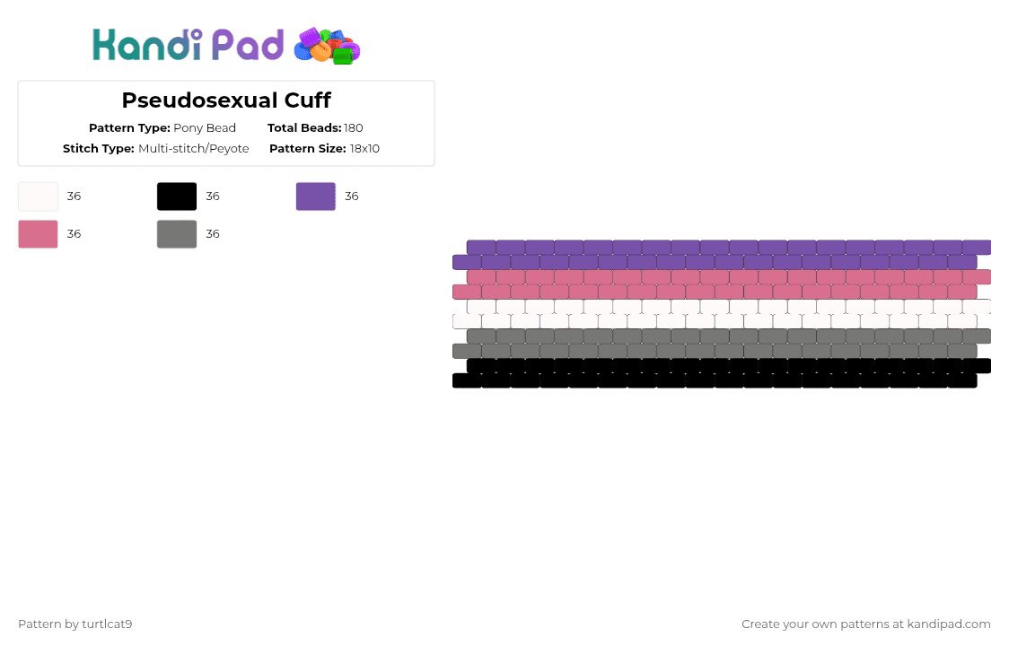Pseudosexual Cuff - Pony Bead Pattern by turtlcat9 on Kandi Pad - purple,pink,gray,pseudosexual,pseudo,ace,pride,cuff,horizontal