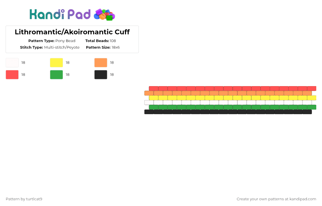 Lithromantic/Akoiromantic Cuff - Pony Bead Pattern by turtlcat9 on Kandi Pad - yellow,orange,red,green,lithromantic,akoiromantic,lith,akoi,pride,cuff,horizontal
