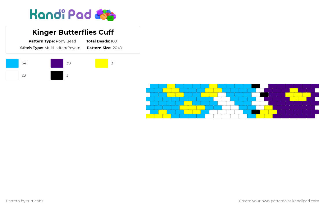 Kinger Butterflies Cuff - Pony Bead Pattern by turtlcat9 on Kandi Pad - light blue,kinger,tadc,the amazing digital circus,butterfly,butterflies,cuff,horizontal
