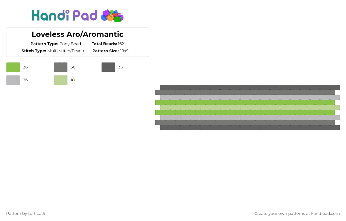 Loveless Aro/Aromantic - Pony Bead Pattern by turtlcat9 on Kandi Pad - green,gray,loveless aro,loveless aromantic,loveless,aro,aromantic,pride,cuff,horizontal