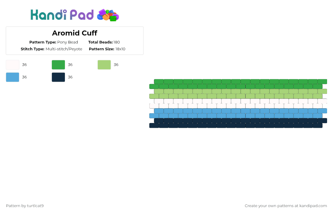 Aromid Cuff - Pony Bead Pattern by turtlcat9 on Kandi Pad - green,aromid,aro,pride,cuff,horizontal