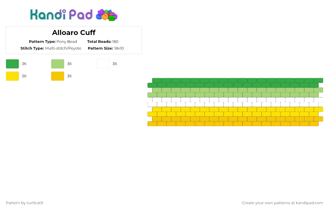 Alloaro Cuff - Pony Bead Pattern by turtlcat9 on Kandi Pad - green,yellow,alloaro,aro,aromantic,pride,cuff,horizontal
