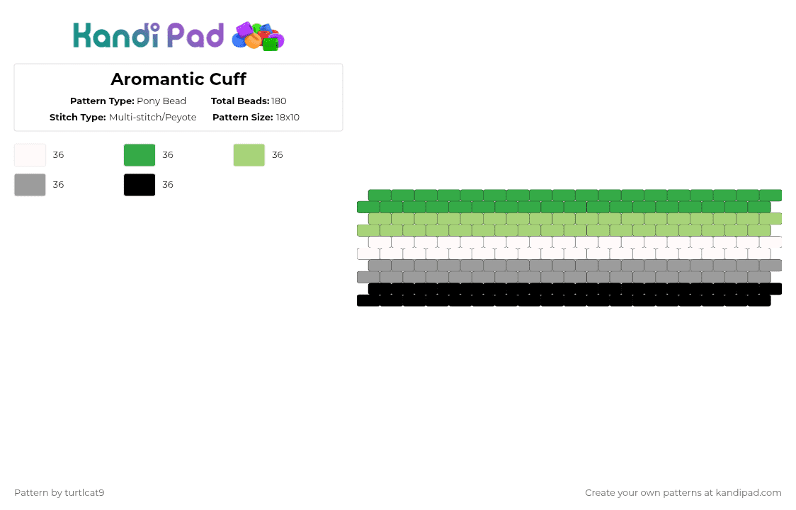 Aromantic Cuff - Pony Bead Pattern by turtlcat9 on Kandi Pad - green,gray,aromantic,aro,pride,cuff,horizontal