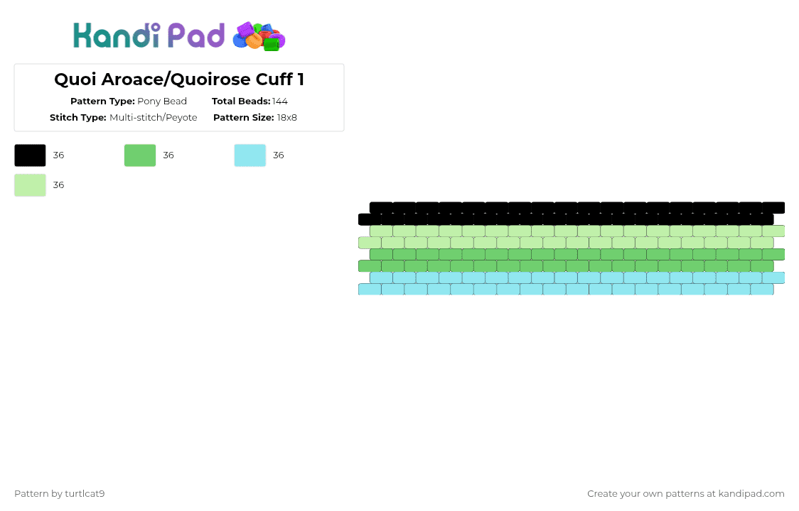 Quoi Aroace/Quoirose Cuff 1 - Pony Bead Pattern by turtlcat9 on Kandi Pad - teal,light blue,yellow,quoi aroace,quoirose,quoi,pride,cuff,horizontal