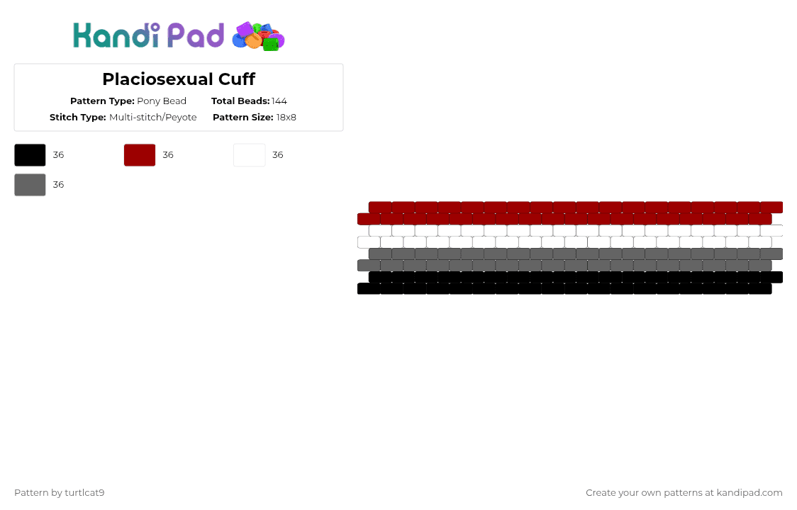 Placiosexual Cuff - Pony Bead Pattern by turtlcat9 on Kandi Pad - red,gray,placiosexual,placio,pride,cuff,horizontal