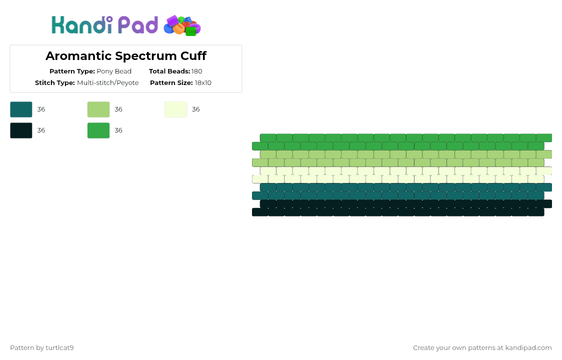 Aromantic Spectrum Cuff - Pony Bead Pattern by turtlcat9 on Kandi Pad - teal,green,aromantic spectrum,arospec,aro spec,aspec,a spec,aro spectrum,a spectrum,pride