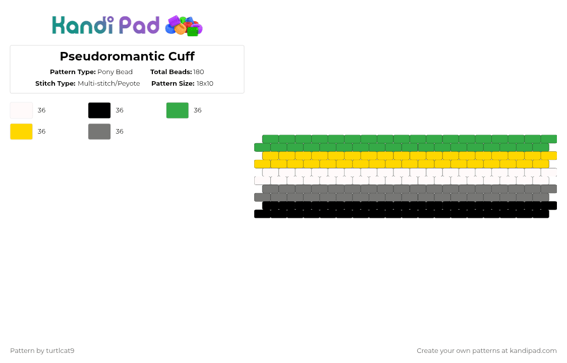 Pseudoromantic Cuff - Pony Bead Pattern by turtlcat9 on Kandi Pad - green,yellow,gray,pseudoromantic,pseudo,aro,pride,cuff,horizontal