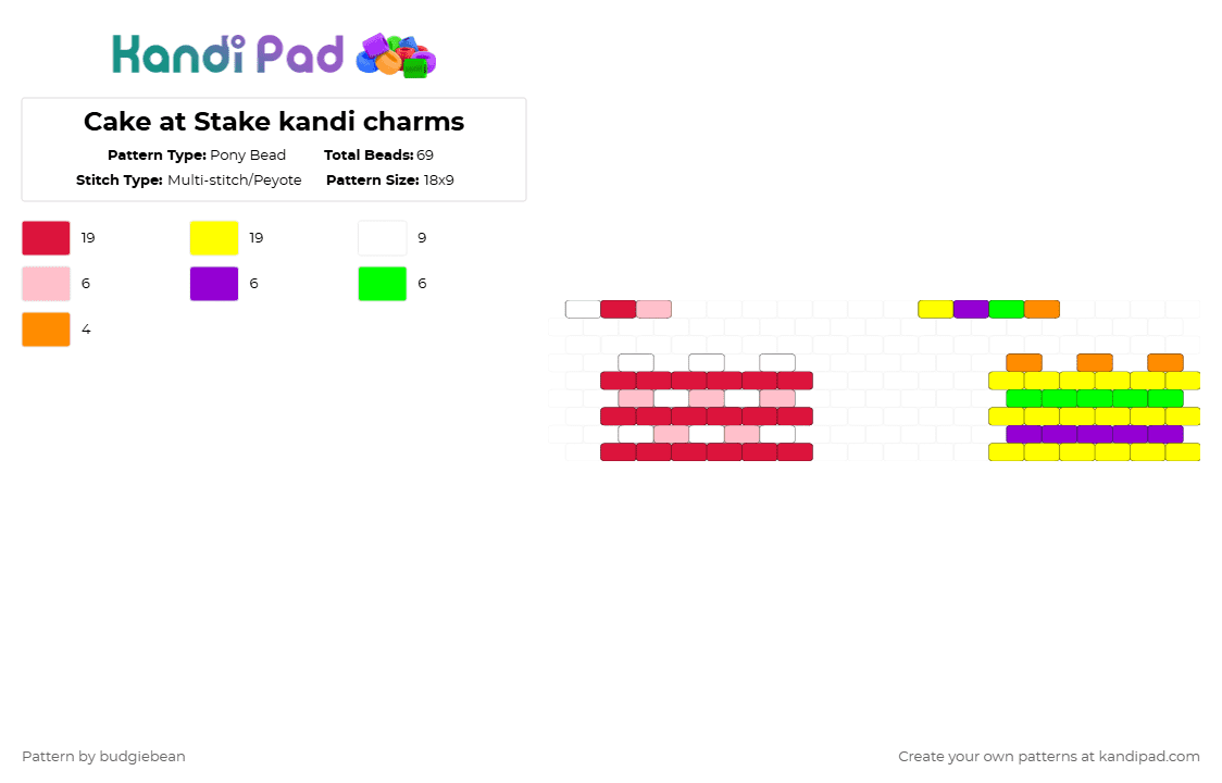 Cake at Stake kandi charms - Pony Bead Pattern by budgiebean on Kandi Pad - red,yellow,cake,bfdi,charm