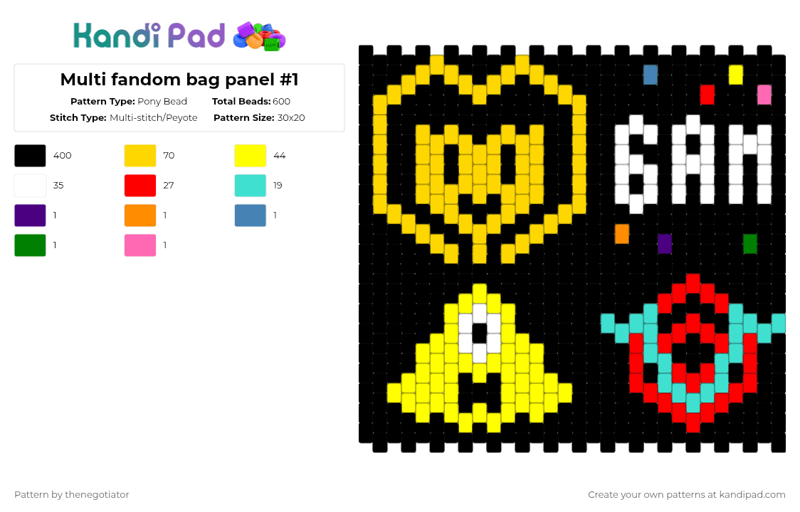 Multi fandom bag panel #1 - Pony Bead Pattern by thenegotiator on Kandi Pad - black,yellow,red,light blue