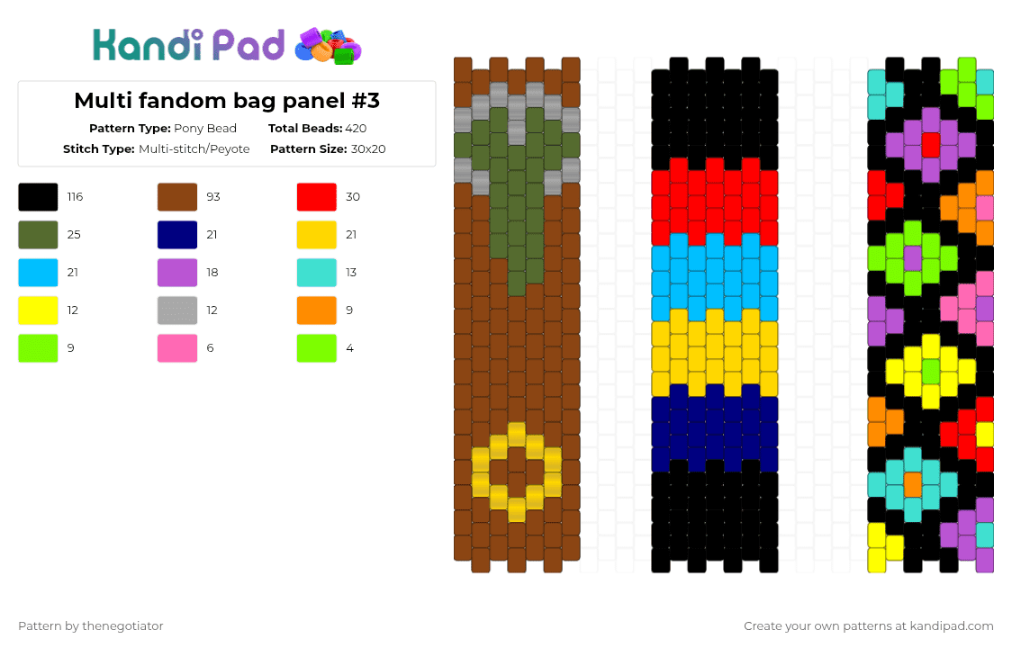 Multi fandom bag panel #3 - Pony Bead Pattern by thenegotiator on Kandi Pad - red,yellow,light blue
