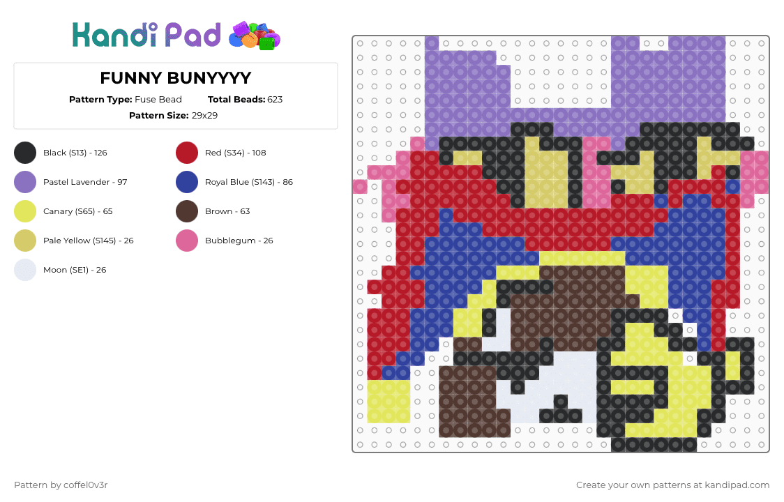 FUNNY BUNYYYY - Fuse Bead Pattern by coffel0v3r on Kandi Pad - blue, purple, red, yellow