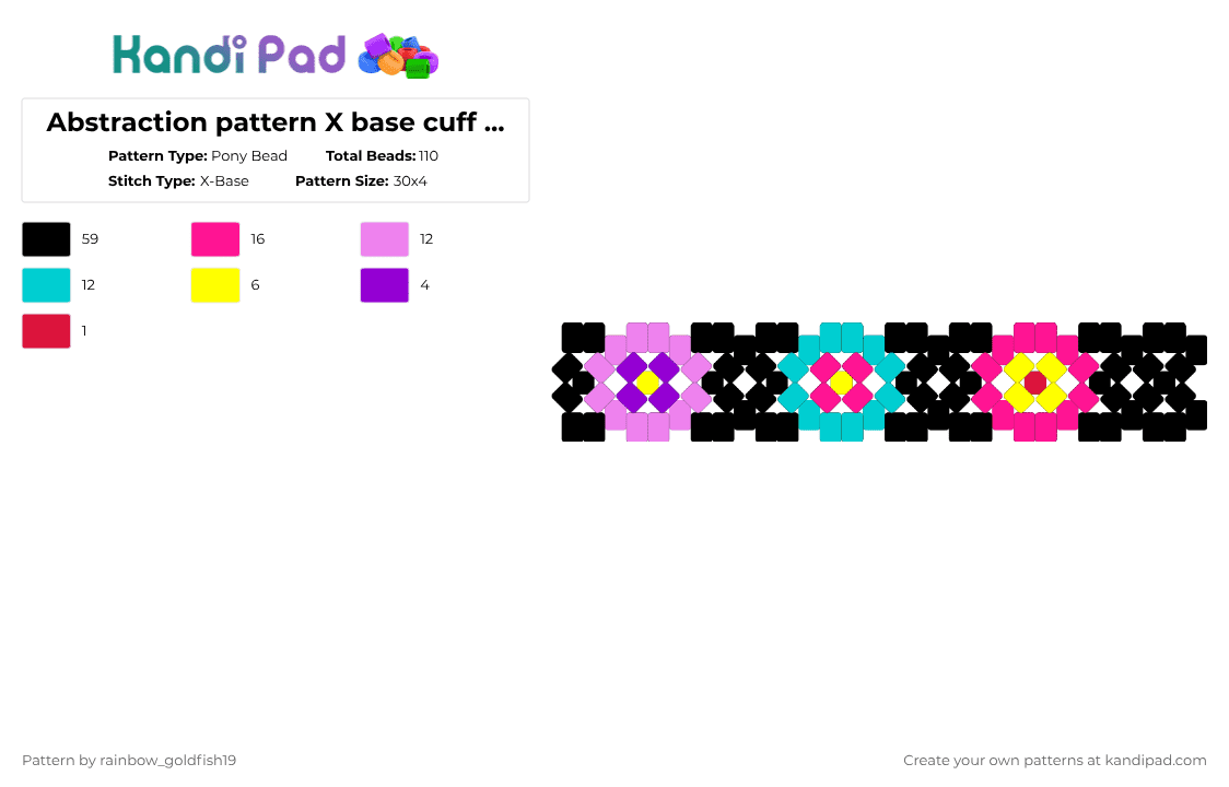 Abstraction pattern X base cuff (for smaller wrists) - Pony Bead Pattern by rainbow_goldfish19 on Kandi Pad - black,pink,light blue,purple,yellow,blue,tadc,kandicuff,abstraction