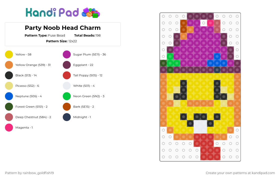 Party Noob Head Charm - Fuse Bead Pattern by rainbow_goldfish19 on Kandi Pad - pink,yellow,orange,regretevator,purple,blue,poob,red,white
