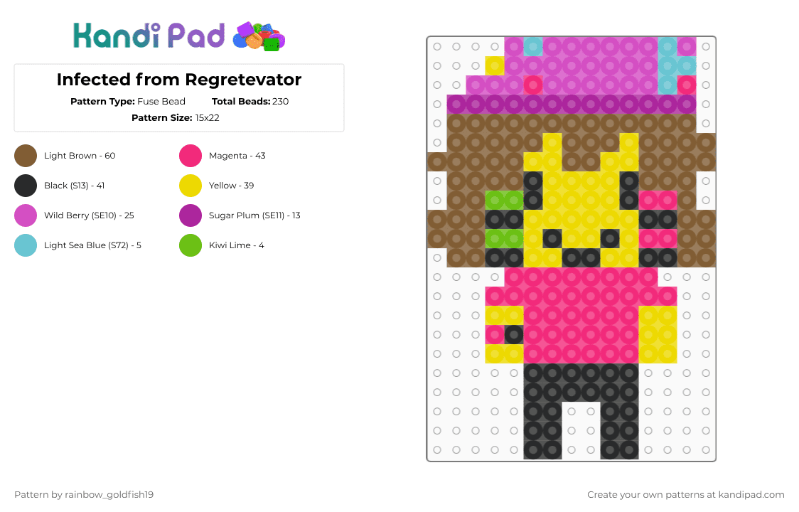 Infected from Regretevator - Fuse Bead Pattern by rainbow_goldfish19 on Kandi Pad - pink,tan,yellow,black,brown,regretevator,blue,purple,infected