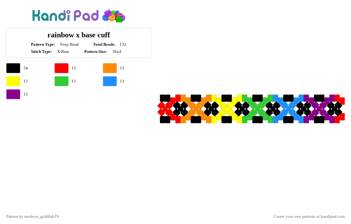 rainbow x base cuff - Pony Bead Pattern by rainbow_goldfish19 on Kandi Pad - orange,green,pink,colorful,red,yellow,blue,purple,black,cuff