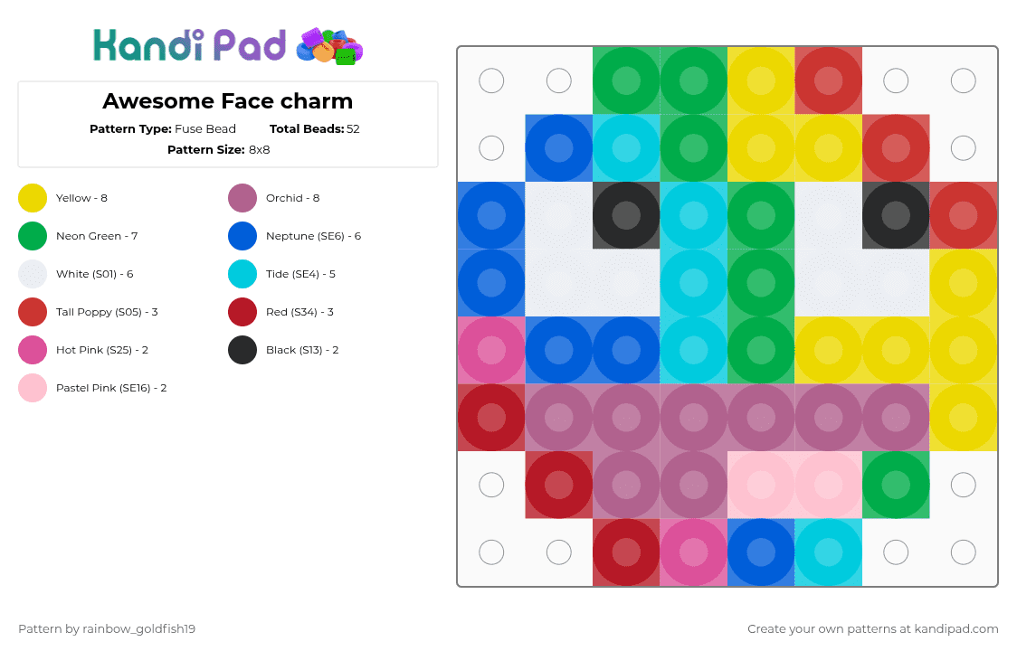 Awesome Face charm - Fuse Bead Pattern by rainbow_goldfish19 on Kandi Pad - green,yellow,pink,awesomeface,white,black,red,blue,lightblue
