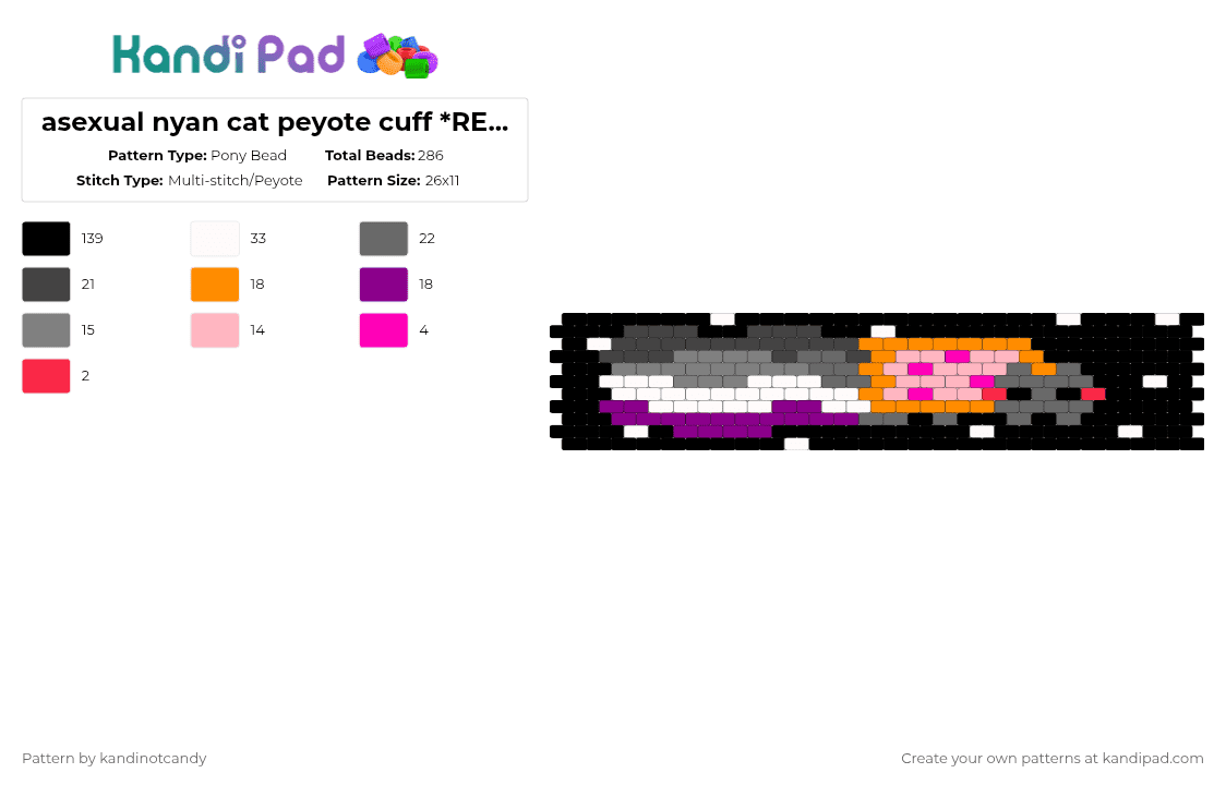 asexual nyan cat peyote cuff *REMIX* - Pony Bead Pattern by kandinotcandy on Kandi Pad - black,gray,pink,nyancat,cat,nyan cat,asexual