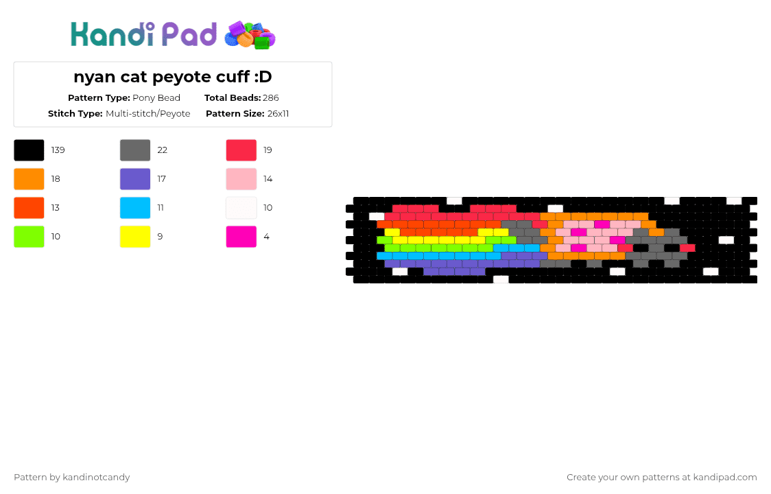 nyan cat peyote cuff :D - Pony Bead Pattern by kandinotcandy on Kandi Pad - black, blue, cat, colorful, gray, nyancat, rainbow, red