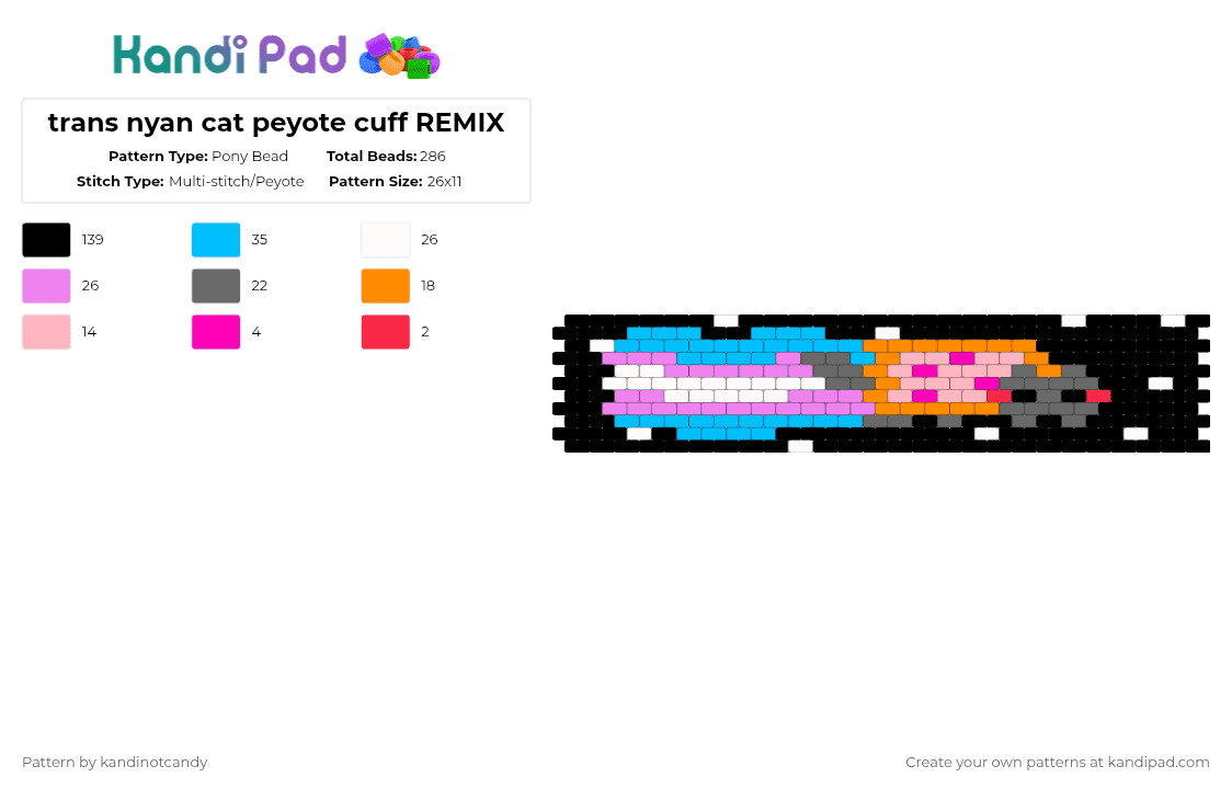 trans nyan cat peyote cuff REMIX - Pony Bead Pattern by kandinotcandy on Kandi Pad - black,light blue,pink,nyancat,cat,trans,pride