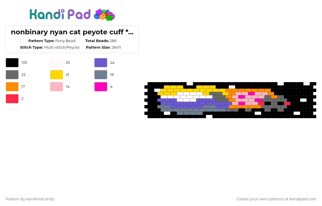 nonbinary nyan cat peyote cuff *REMIX* - Pony Bead Pattern by kandinotcandy on Kandi Pad - black,yellow,gray,blue,nyancat,cat,rainbow,nyan cat
