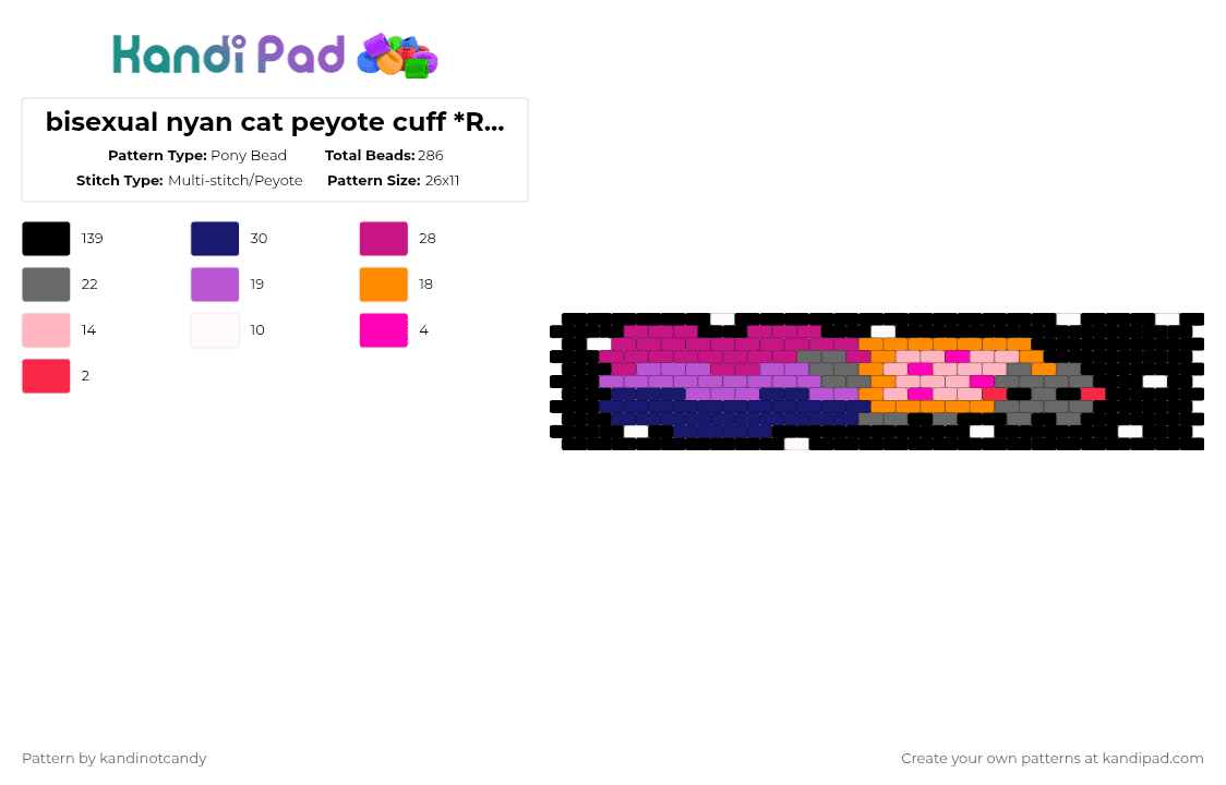 bisexual nyan cat peyote cuff *REMIX* - Pony Bead Pattern by kandinotcandy on Kandi Pad - black,pink,purple,nyancat,cat,rainbow,nyan cat