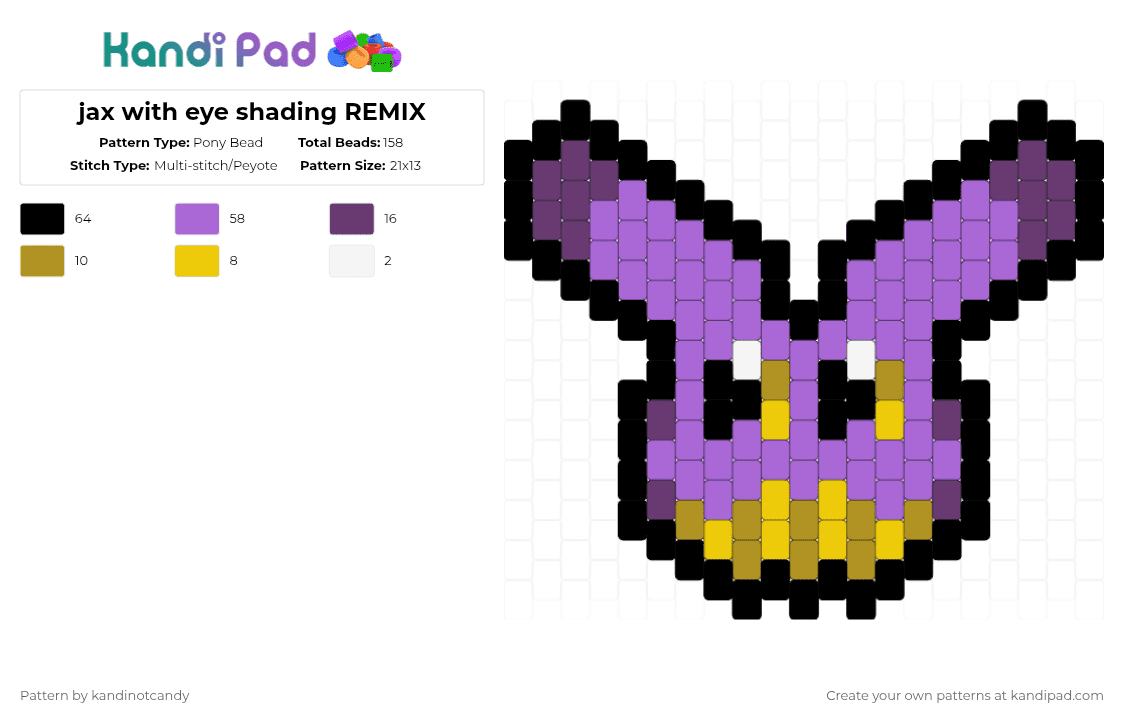 jax with eye shading REMIX - Pony Bead Pattern by kandinotcandy on Kandi Pad - purple,jax,tadc,yellow