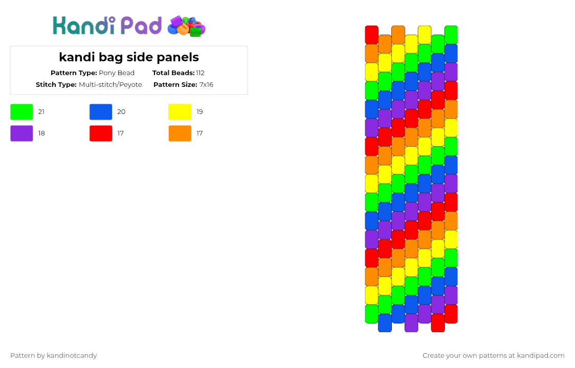 kandi bag side panels - Pony Bead Pattern by kandinotcandy on Kandi Pad - orange,green,purple,colorful,rainbow,kandibag