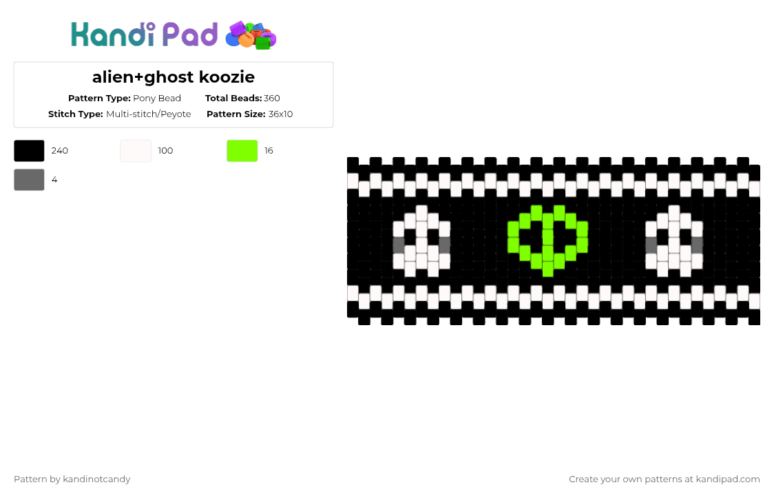 alien+ghost koozie - Pony Bead Pattern by kandinotcandy on Kandi Pad - black,white,green,alien,blacknwhite,ghost
