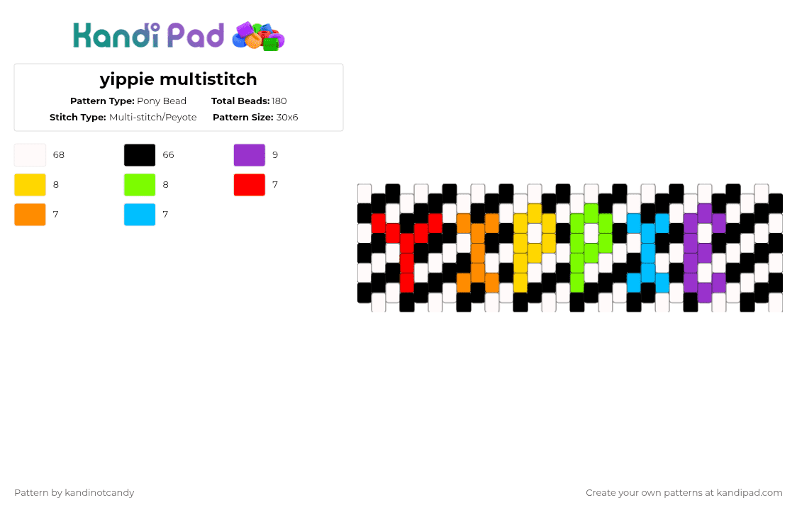 yippie multistitch - Pony Bead Pattern by kandinotcandy on Kandi Pad - white,orange,green,purple,colorful,rainbow,blacknwhite,yippie