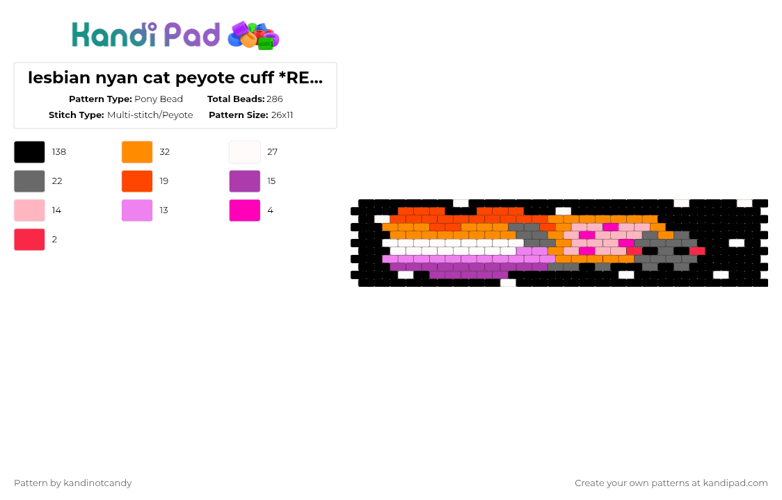 lesbian nyan cat peyote cuff *REMIX* - Pony Bead Pattern by kandinotcandy on Kandi Pad - black,orange,pink,nyancat,cat,rainbow,nyan cat