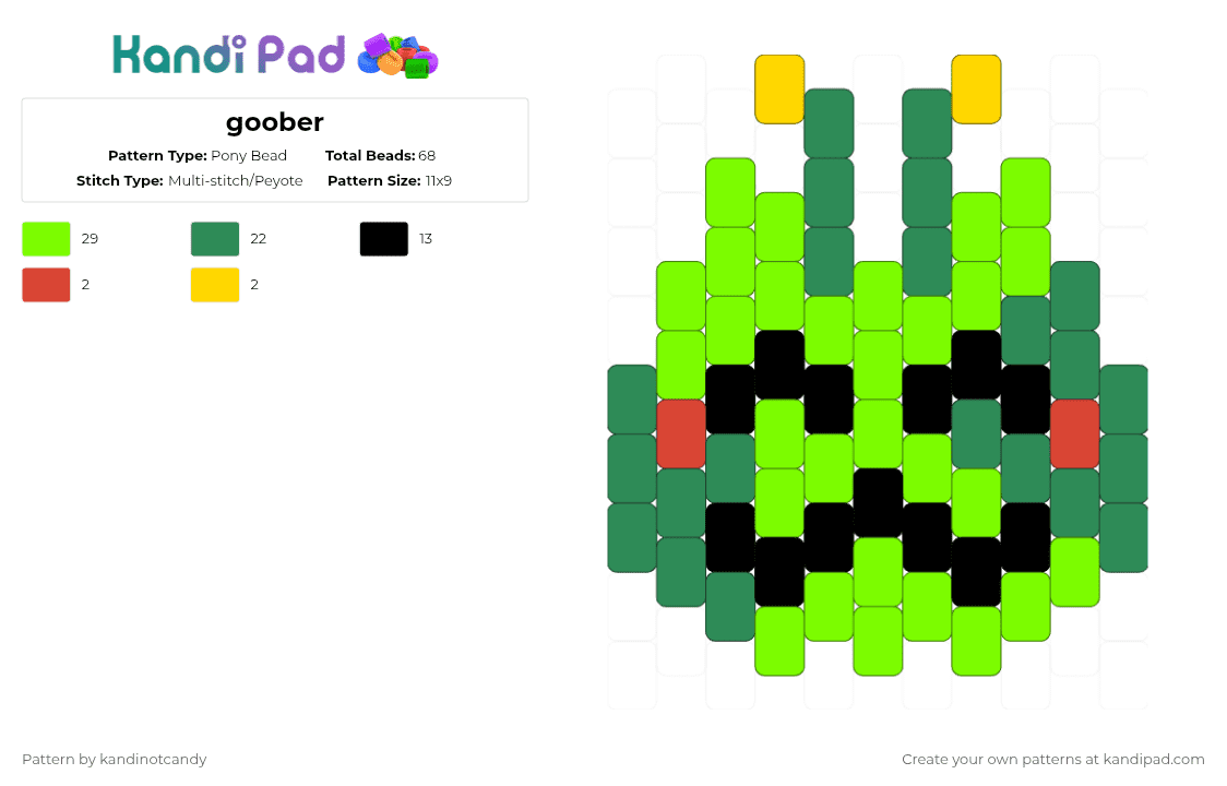 goober - Pony Bead Pattern by kandinotcandy on Kandi Pad - green,cat,goober