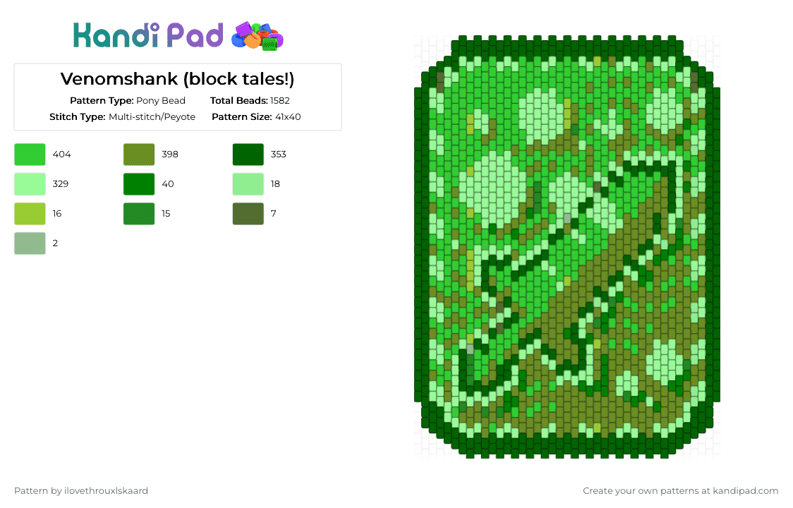 Venomshank (block tales!) - Pony Bead Pattern by ilovethrouxlskaard on Kandi Pad - green,block tales,roblox,sfoth