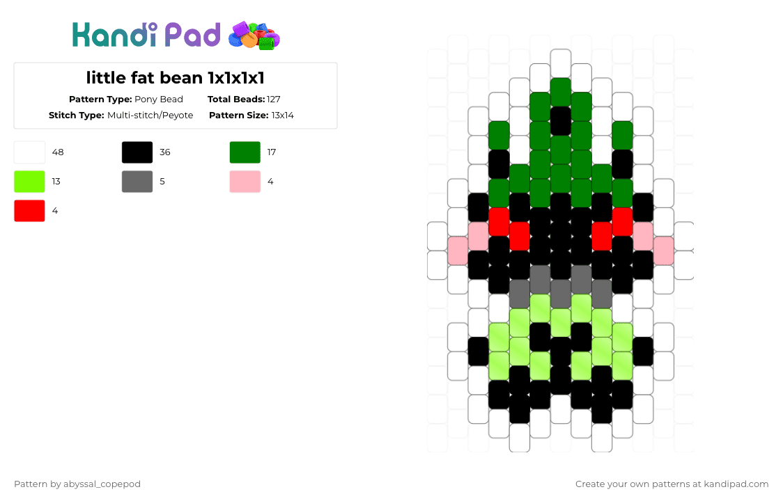 little fat bean 1x1x1x1 - Pony Bead Pattern by abyssal_copepod on Kandi Pad - white,green,one egg,1x4,1x1x1x1,ugly,fat