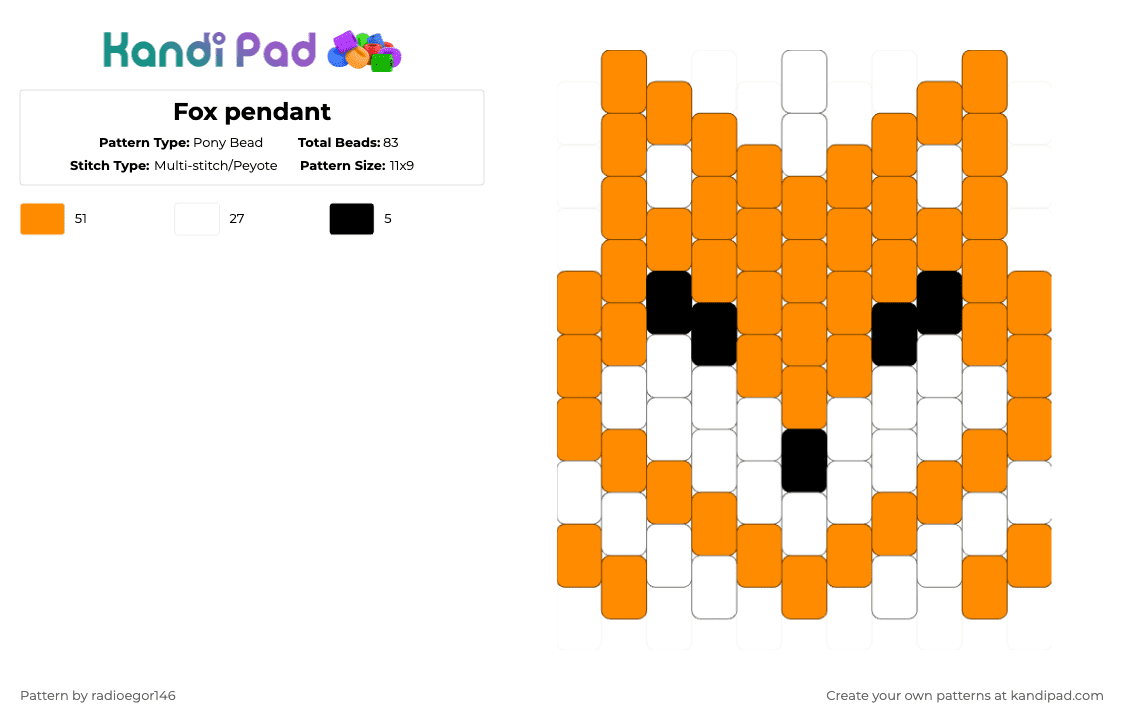 Fox pendant - Pony Bead Pattern by radioegor146 on Kandi Pad - orange,white,fox,pendant