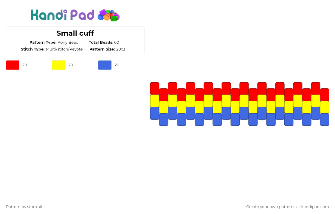 Small cuff - Pony Bead Pattern by startrail on Kandi Pad - red,yellow,blue