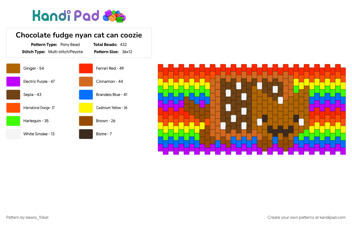 Chocolate fudge nyan cat can coozie - Pony Bead Pattern by beans_10kat on Kandi Pad - colorful, orange, red