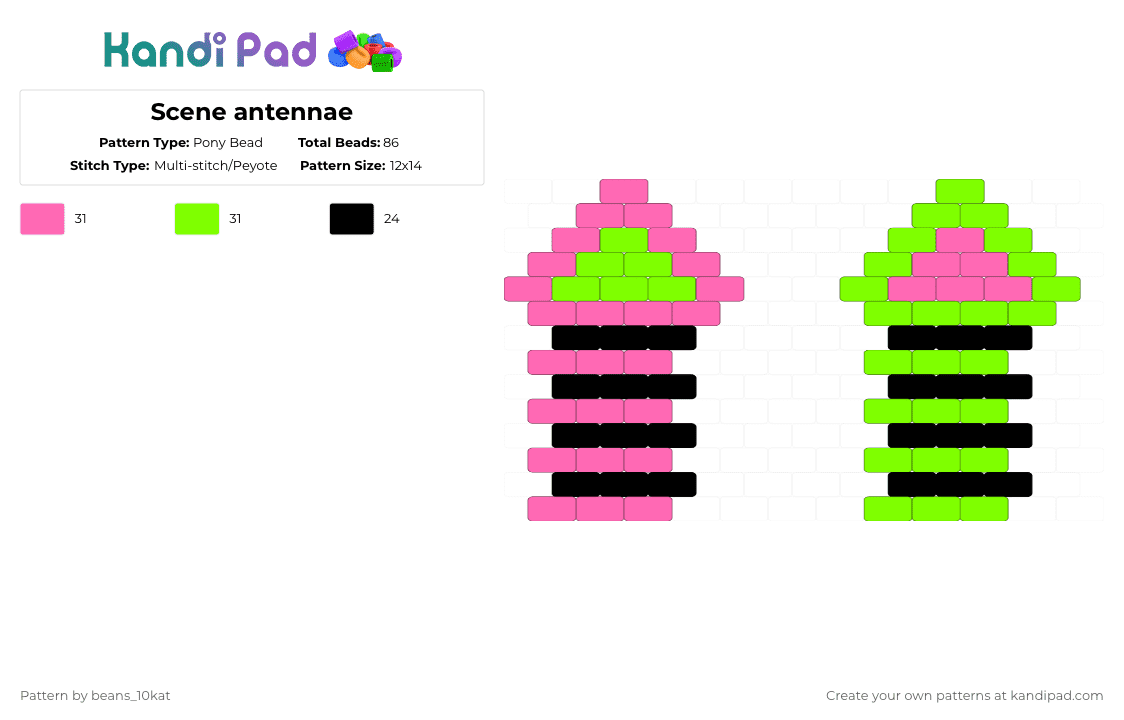Scene antennae - Pony Bead Pattern by beans_10kat on Kandi Pad - pink,green
