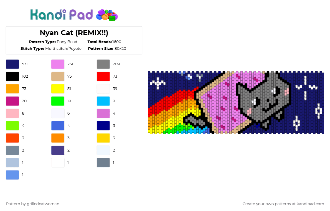 Nyan Cat (REMIX!!) - Pony Bead Pattern by grilledcatwoman on Kandi Pad - purple,gray,pink,nyan cat,nyan,space,internet,webcore,poptart cat,poptart,cat