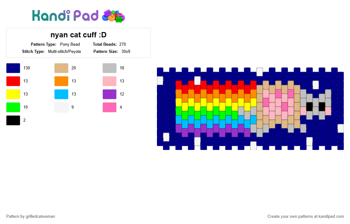 nyan cat cuff :D - Pony Bead Pattern by grilledcatwoman on Kandi Pad - purple,beige,nyan cat,nyan,poptart cat,cuff,meme