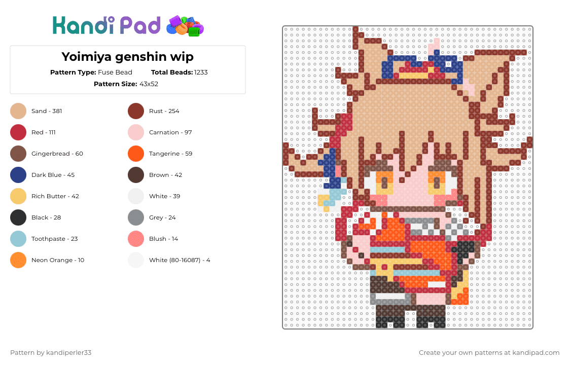 Yoimiya genshin impact - Fuse Bead Pattern by kandiperler33 on Kandi Pad - red,beige,perler,yoimiya,genshin impact,genshin