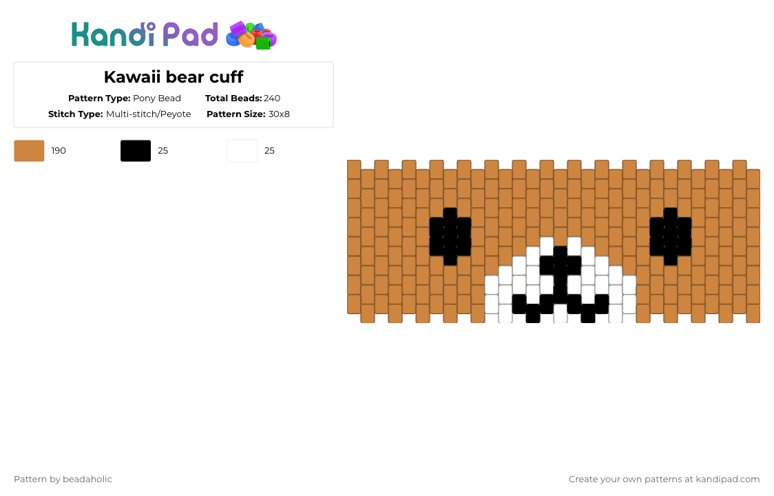 Kawaii bear cuff - Pony Bead Pattern by beadaholic on Kandi Pad - orange,kawaii,cutecore,bear,simple,first pattern,silly