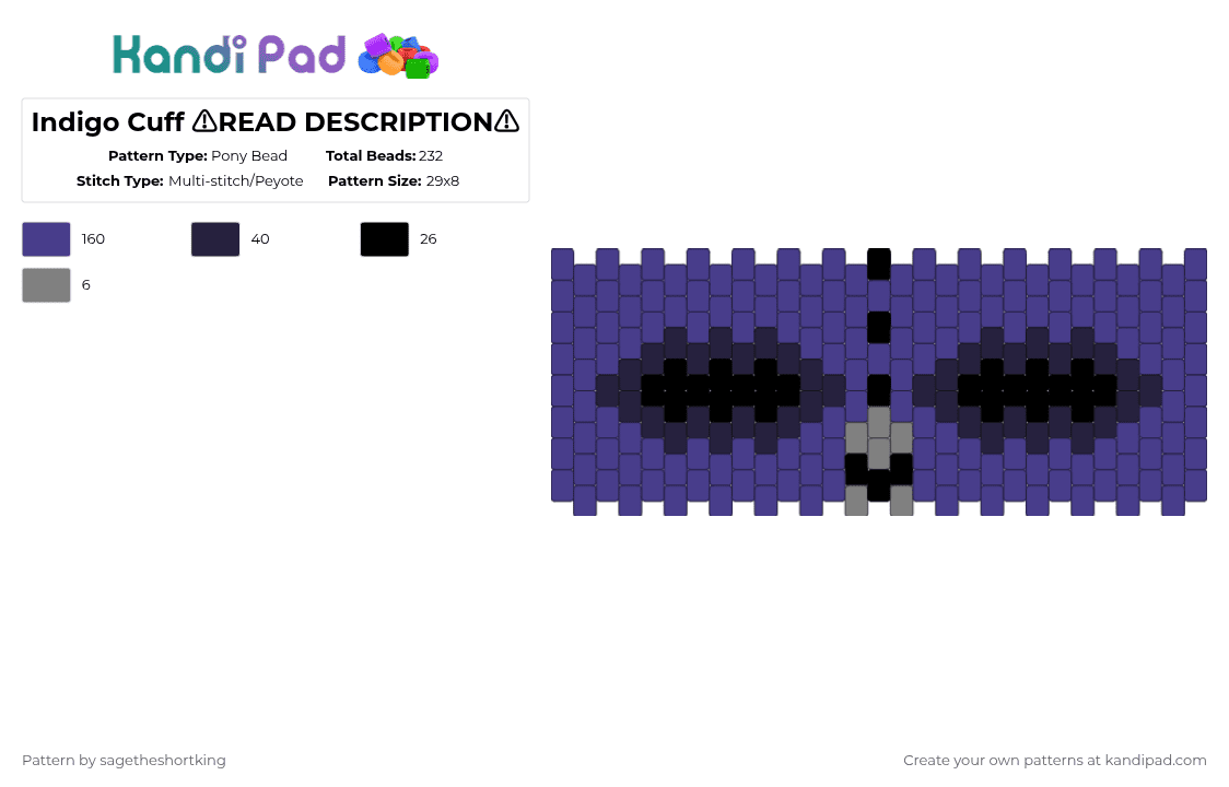 Indigo Cuff ⚠READ DESCRIPTION⚠ - Pony Bead Pattern by sagetheshortking on Kandi Pad - purple,oc,cuff