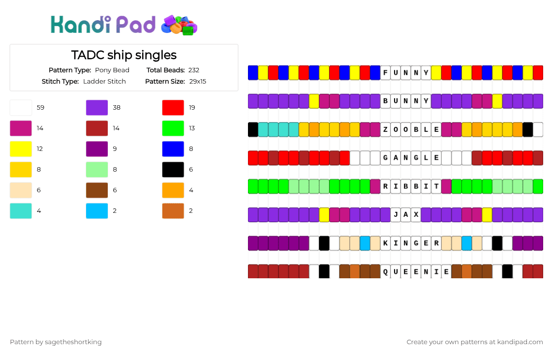 TADC ship singles - Pony Bead Pattern by sagetheshortking on Kandi Pad - yellow,red,purple,pink,tadc,ship,the amazing digital circus,funnybunny,abstragedy,ribbitrabbit,checkmates,tadc ship