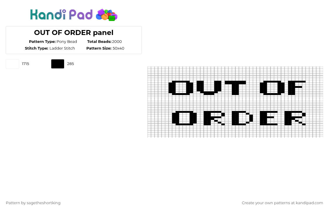 OUT OF ORDER panel - Pony Bead Pattern by sagetheshortking on Kandi Pad - white,sign,panel,words