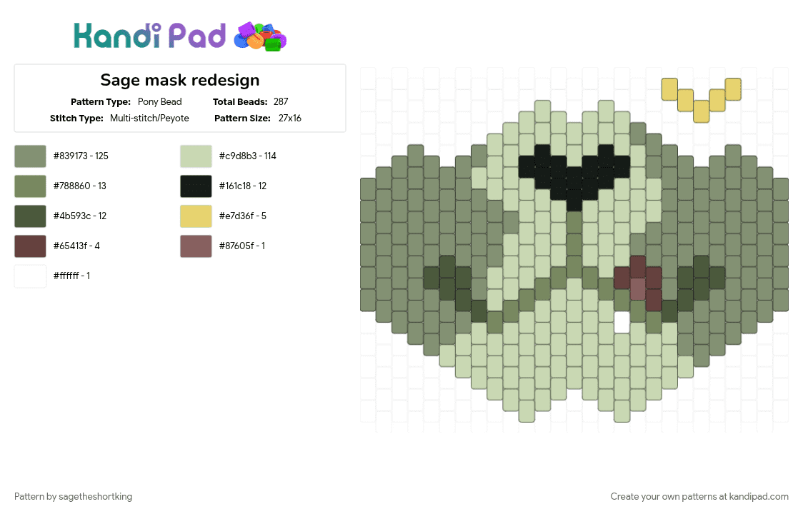 Sage mask redesign - Pony Bead Pattern by sagetheshortking on Kandi Pad - beige, gray, mask, midnightmeadow, oc, sage, the meadow at midnight, tmam