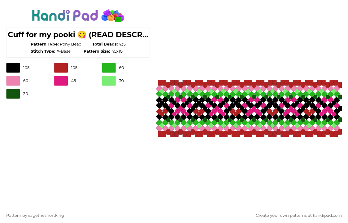 Cuff for my pooki 😋 (READ DESCRIPTION) - Pony Bead Pattern by sagetheshortking on Kandi Pad - green,pink,red,not for you,personal use