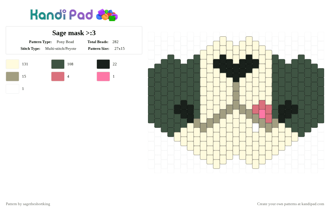 Sage mask >:3 - Pony Bead Pattern by sagetheshortking on Kandi Pad - white,gray,mask,oc,cat mask,main oc,sage,scar