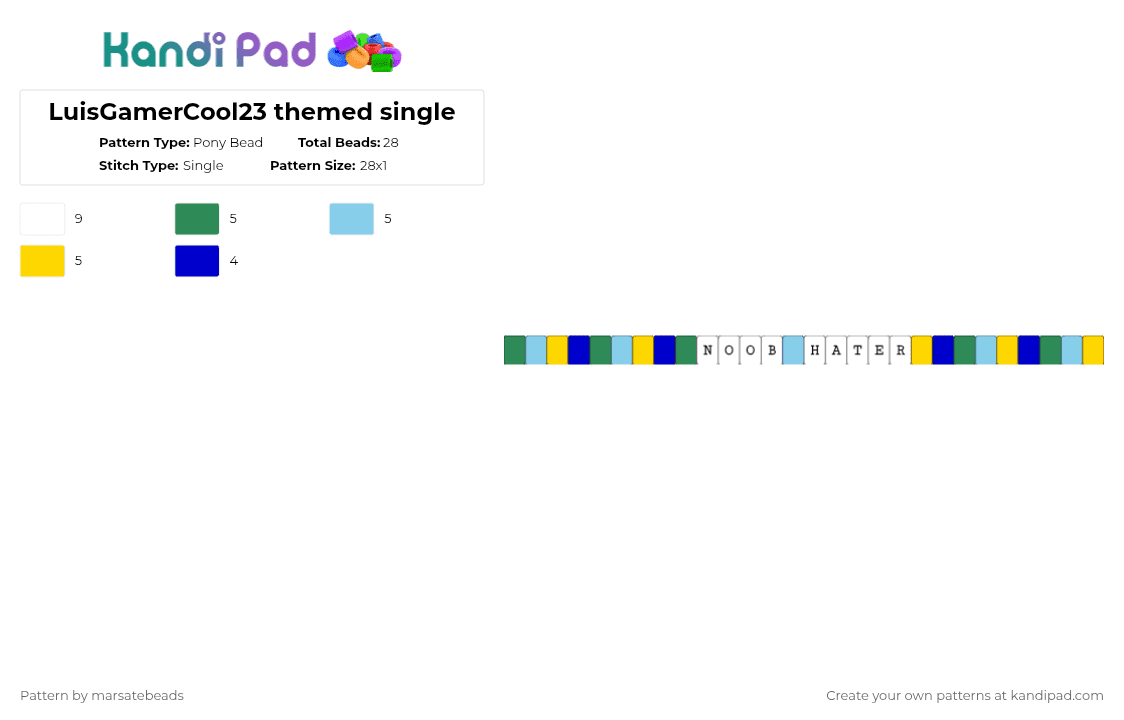 LuisGamerCool23 themed single - Pony Bead Pattern by marsatebeads on Kandi Pad - green, light blue, yellow
