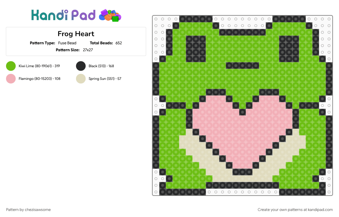 Frog Heart - Fuse Bead Pattern by chezisawsome on Kandi Pad - animal, beige, cute, frog, green, heart, love, pink